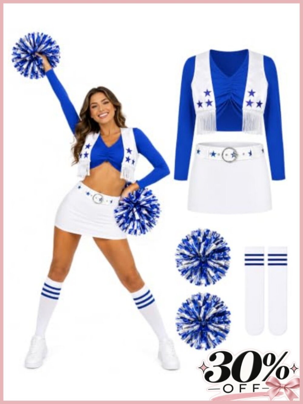 Cheerleader Costume Set Long Sleeve Crop Top Vest Skirt Pom Poms